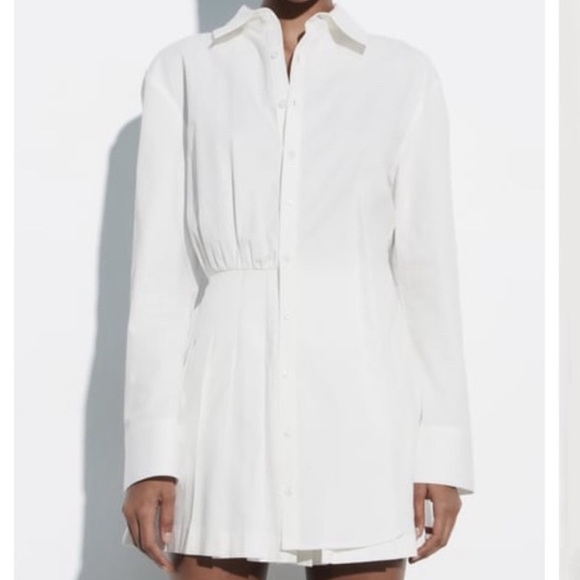 NWT Zara White Cotton Short Shirt Dress Size S Pleated - Picture 9 of 9